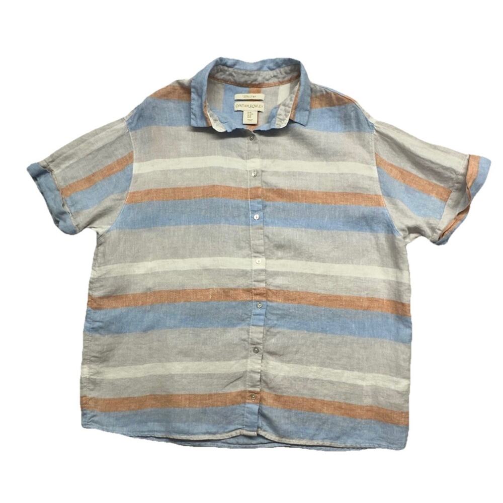Cynthia Rowley Womens M Linen Striped Cuffed Short Sleeve Button Up Shirt 100%